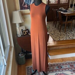 Joan Vass Vintage Rust Crew neck Maxi Dress. Open back zipper, small rayon blend